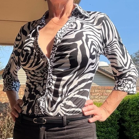 Mesmerize Zebra Print Blouse with Ruched Front and Rhinestone Button Detail - Picture 2 of 5